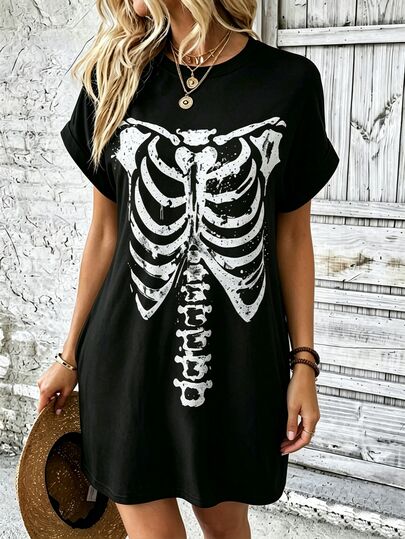 Selamara Halloween Skeleton Graphic Print Plus Size Women's Round Neck Folded Short Sleeve Loose Fit Dress For Casual And Party Wear