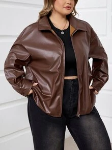 SHEIN CURVE+ 大尺碼女款黑色長袖PU皮革夾克 秋冬款 - 棕色 - 查看 3
