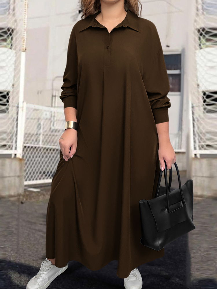 EMERY ROSE Gaun Maxi Wanita Ukuran Besar Kasual Longgar Warna Polos dengan Bahu Jatuh Ekstra Panjang - Coklat - View 1