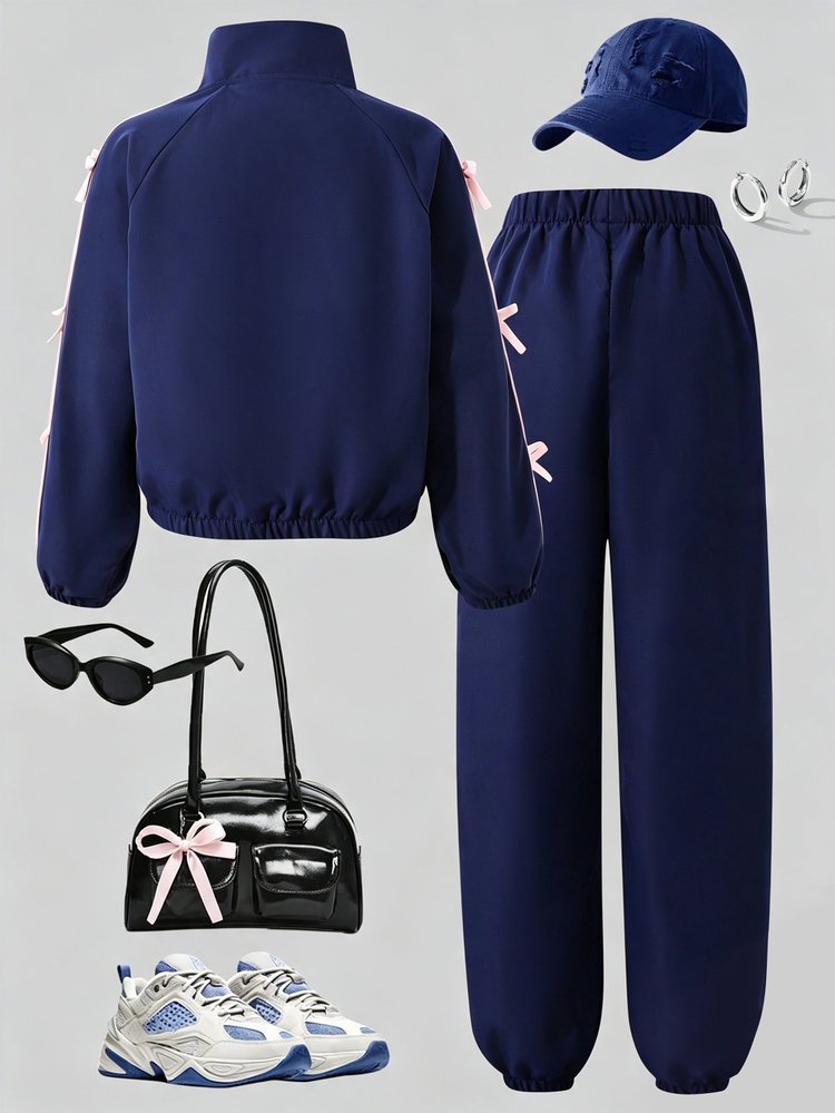 SHEIN Girls' Casual Versatile Minimalist Jacket Set, White Letter Embroidery On Chest, White Ribbon Bows On Sleeve And Pant Sides, Elastic Cuffs And Hem, Suitable For Autumn/Winter Outdoor Walking, Shopping, Commuting, Travel, Can Be Paired With T-Shirt, Long Sleeve - Navy Blue - View 2