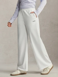 Activina Women's Summer Spring Elegant Stylish White Wide Leg Sports Pants With Elastic Waistband And Pockets Design With Logo Detail - White - View 2