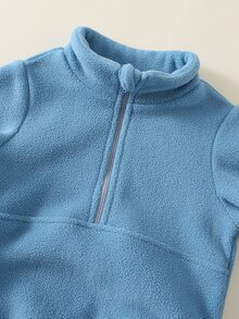 SHEIN 2件組嬰兒男孩女孩保暖內裡加厚圓領長袖半拉鍊套頭上衣＋彈性腰頭收口褲，刷毛兩件套，適合秋冬 - 藍色 - 查看 4