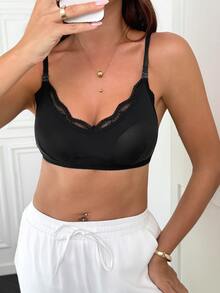 Moonlight&Mama 1pc Lace Patchwork Wire-Free Comfortable Detachable Nursing Bra - Black - View 4