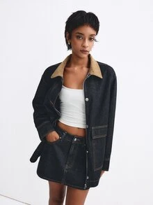 ATUI Studio Women's Single-Breasted Long Sleeve Jacket And Mini Skirt Fashion Denim Set - Navy Blue - View 5