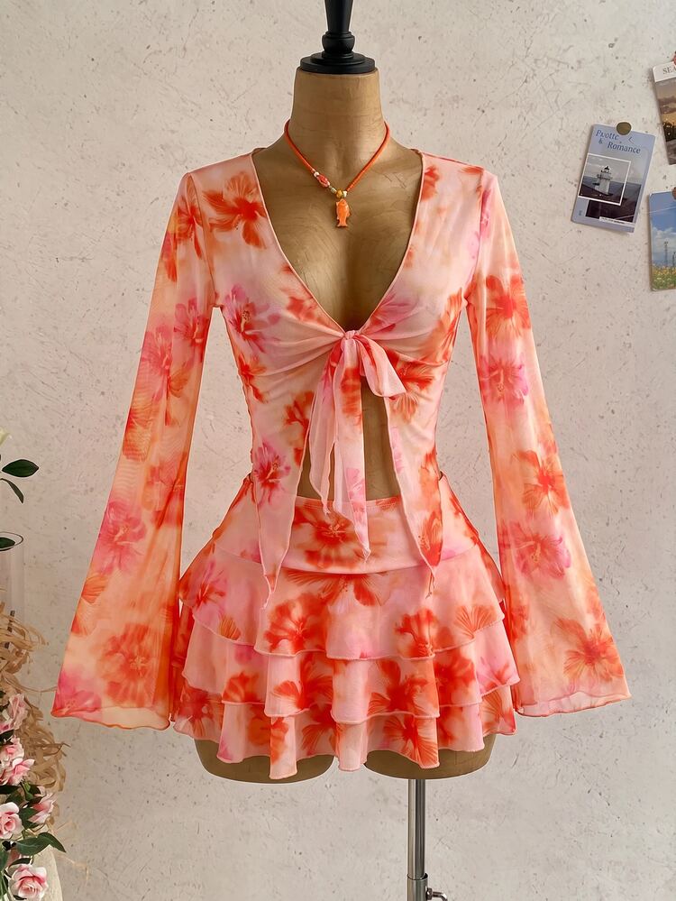 Soleia Women's Spring/Summer Vacation Vintage Floral & Letter Print Front Tie Long Sleeve Cover-Up + Mini Tiered Skirt 2-Piece Set, Casual, Dating, Afternoon Tea, Beach, Cruise, Road Trip, City Vacation, Music Festival, Party, Hippie, Daily Commute - Pink - View 6