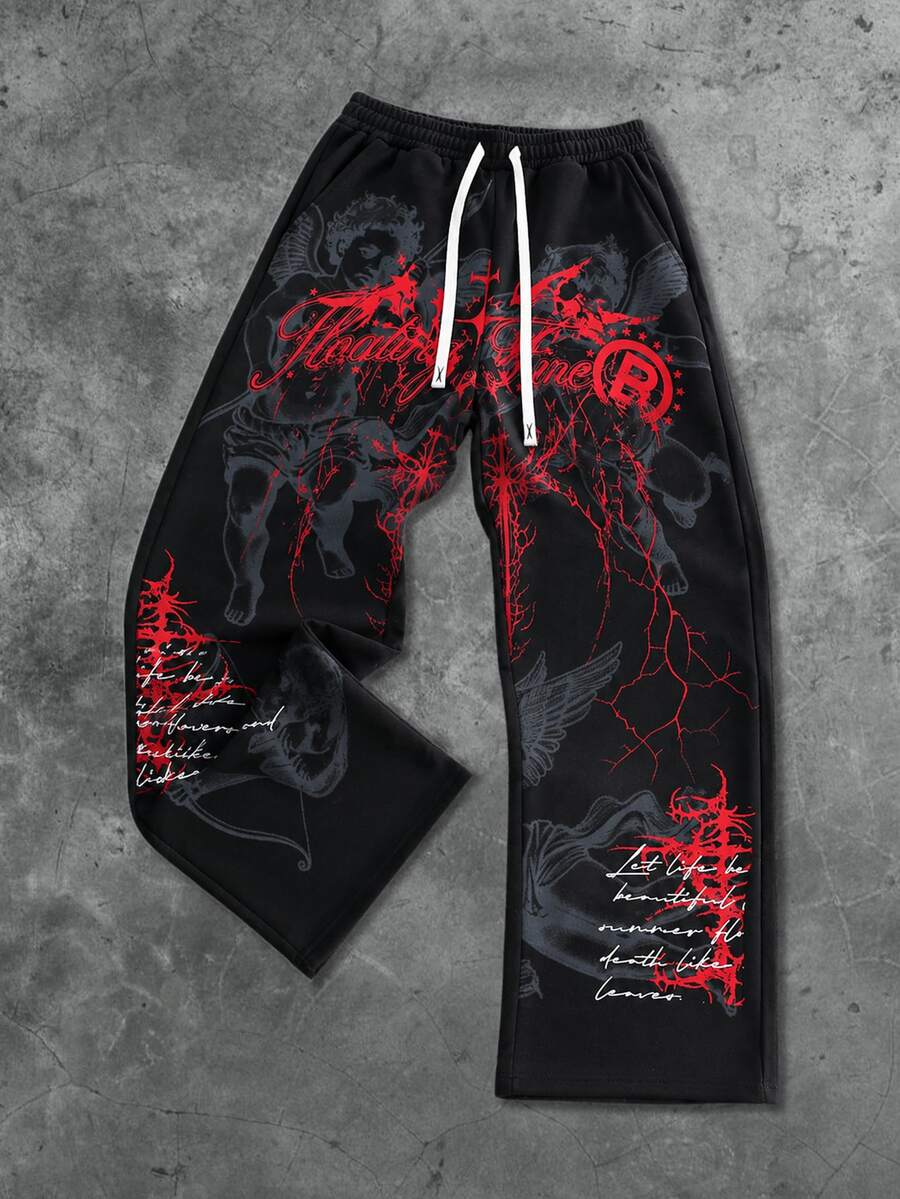 ROMWE MEN Men's Drawstring Waist Angel Print Loose Sweatpants - Black - View 1