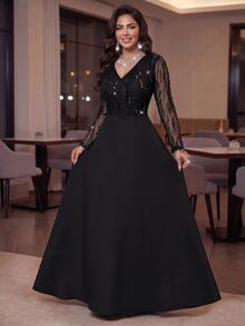 Auveirra Plus Size Women Mesh Patchwork V-Neck Casual Party Dress - Black - View 7