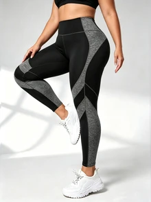 SHEIN Sweetro Women's Plus Size Colorblock Patchwork Slim Fit Sports Leggings - Multicolor - View 3