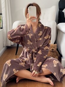 Napfluff رداء نسائي خريفي/شتوي بطبعة دب لطيفة كرتونية من صوف المرجان السميك بطول متوسط مع ربطة أمامية - شوكولاته بني - مشاهدة 4