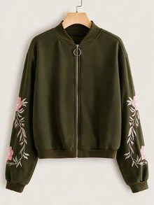 SHEIN LUNE 深綠色刺繡花卉細節拉鍊飛行夾克，秋季休閒街頭風，適合日常、賽車日與旅行穿著 - 軍綠色 - 查看 1