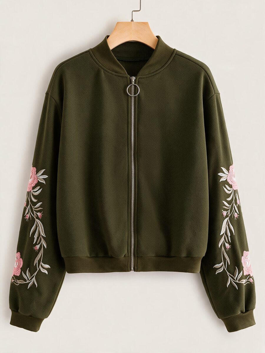 SHEIN LUNE 深綠色刺繡花卉細節拉鍊飛行夾克,秋季休閒街頭風,適合日常、賽車日與旅行穿著 - 軍綠色 - 查看 1