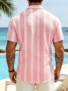VENTUSAIL Men's Yellow Woven Striped Summer Lightweight Slim Fit Casual Vacation Short Sleeve Shirt - Pink - View 2
