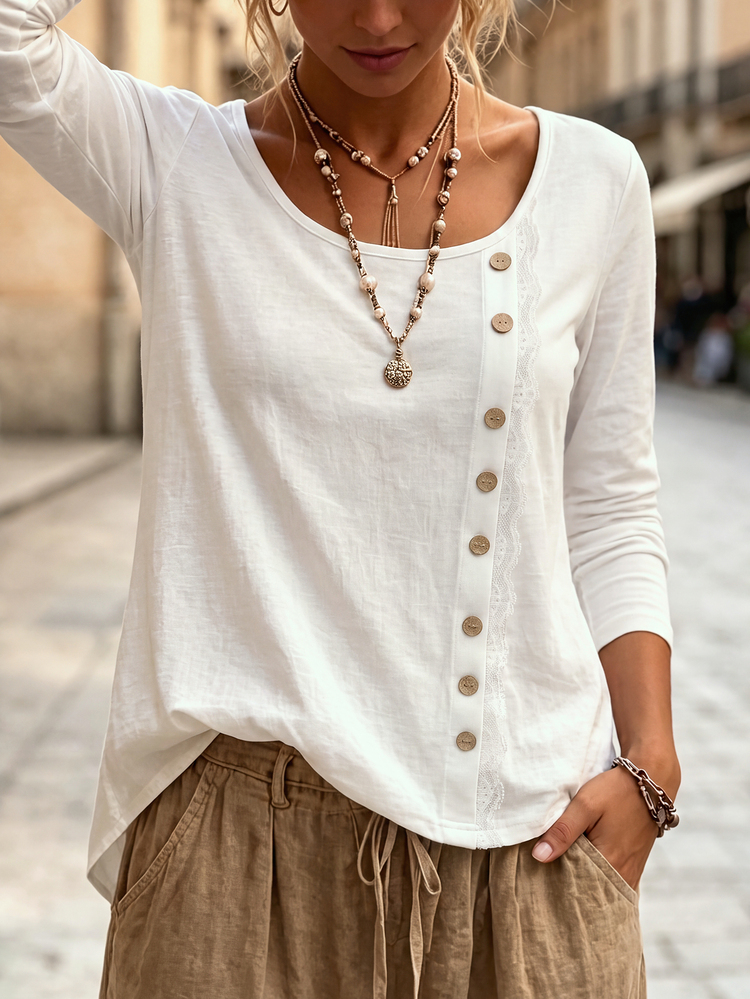 Selamara Autumn New Style Faux Placket Side Button Lace Patchwork Square Neck Long Sleeve Fitted White Women's Casual Home T-Shirt - White - View 6