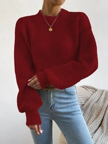 SHEIN 女款秋冬優雅酒紅色圓領羊毛混紡針織燈籠袖套頭毛衣，適合日常購物、休閒、度假、旅行、約會 - 酒紅色 - 查看 7