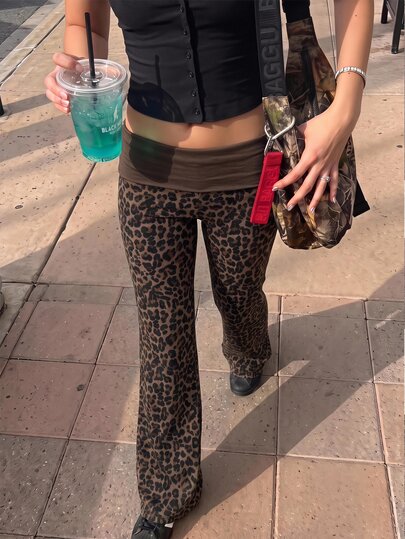 Muchica Women's Autumn Vintage Leopard Print Patchwork Contrast Color Casual Versatile Long Pants, Suitable For Daily Commute, Party, Autumn/Winter/Spring/Summer, Christmas, New Year, Thanksgiving, Wedding, Beach, Graduation Ceremony, Elegant, Outing, Date, Commute, Valentine's Day, Vacation, Y2K, Graduation Ceremony And Other Occasions.