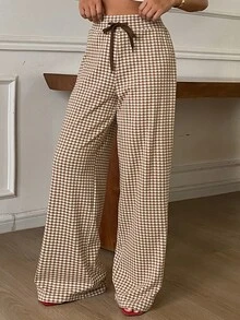 DAZY Plaid Drawstring Tie Straight Leg Long Pants Casual Formal Korean Style Autumn/Winter Women's Sweatpants Vacation - Brown - View 1