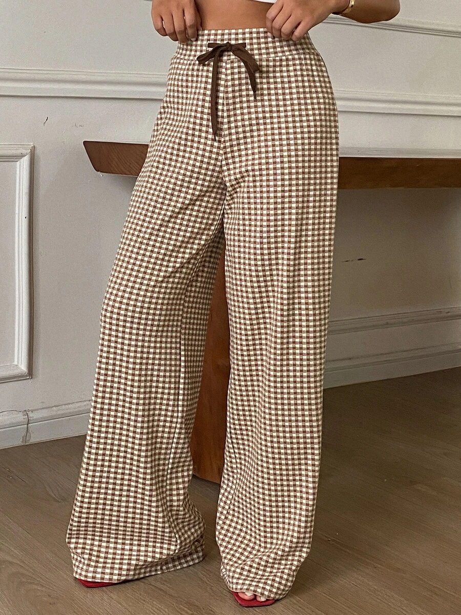 DAZY Plaid Drawstring Tie Straight Leg Long Pants Casual Formal Korean Style Autumn/Winter Women's Sweatpants Vacation - Brown - View 1