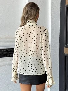 Pariaura Random Polka Dot Print Chiffon Fabric, Layered Ruffle Pleated Design Elegant Women's Long Sleeve Blouse - Apricot - View 2