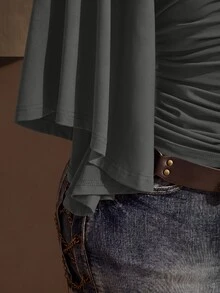 SHEIN ICON 女款大尺碼露肩純色抓皺腰部上衣 - 灰色 - 查看 7