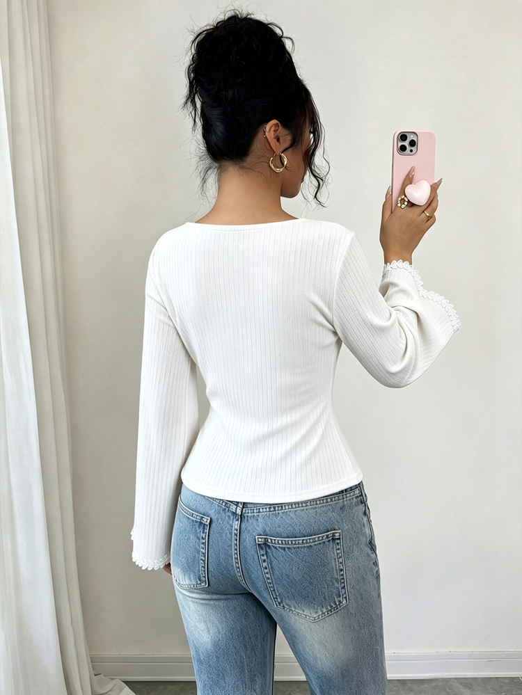 Selianne Women's Autumn/Winter Cinched Waist Ruched Tape Patchwork Burnout Scalloped Hem Casual Commute Bell Sleeve T-Shirt - Beige - View 5