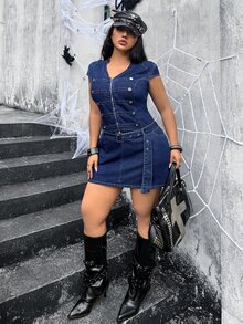 Jeanoix Gaun Denim Kasual Musim Panas Wanita Ukuran Plus dengan Desain Gesper - Biru - View 3