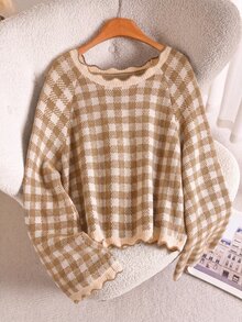 CosyJoli Sweater Lengan Panjang Kasual Serbaguna untuk Wanita Ukuran Besar, Motif Kotak-kotak, Cocok untuk Pemakaian Sehari-hari di Musim Dingin. - Aprikot - View 4
