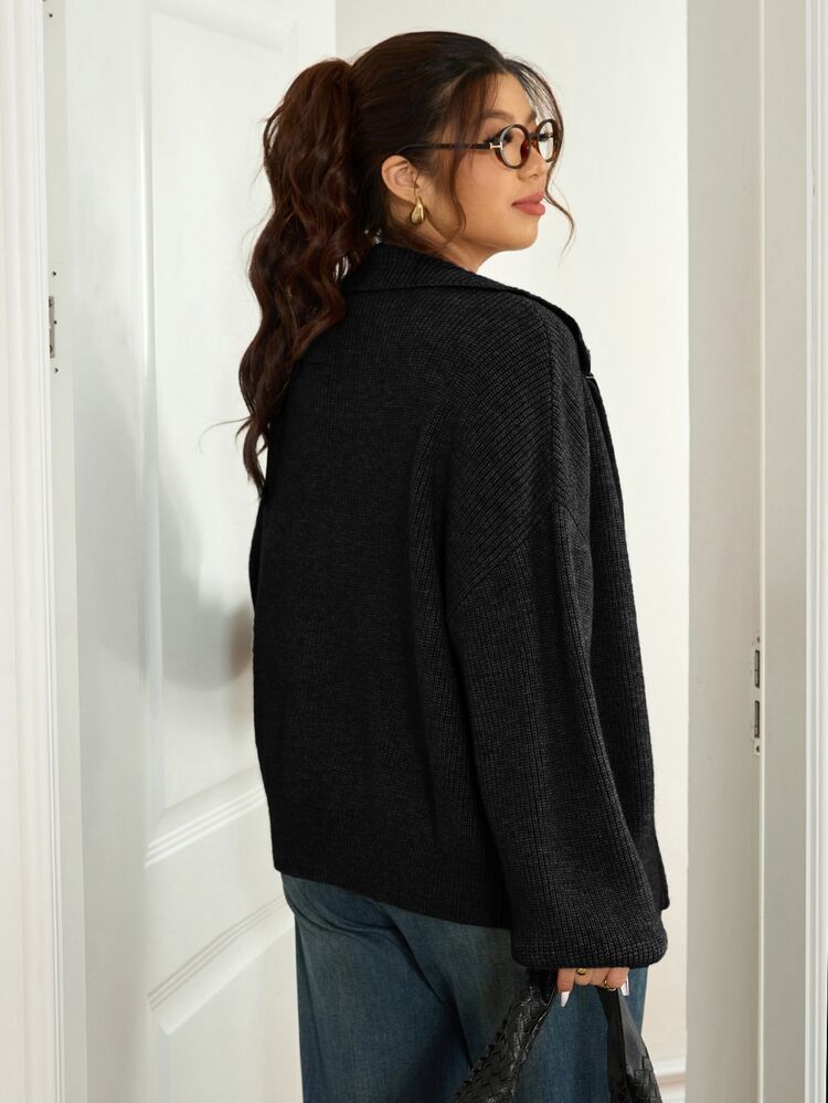 Lounesse Women's Plus Size Casual Soft Form Double Zipper Cardigan, Autumn/Winter Office Formal Dark Wash - Black - View 2