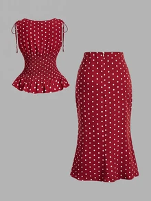 SHEIN MOD Conjunto de Top de Tirantes con Cintura Fruncida y Plisada y Falda de Sirena con Lunares - Rojo - Ver 5