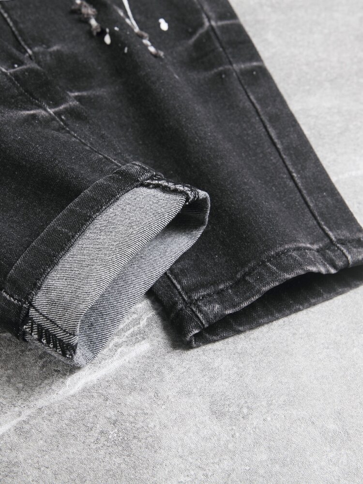 Manfinity Roughcore Quần jean denim nam phong cách thường ngày, mài rách, gấu thô, có túi - màu đen - Xem 7
