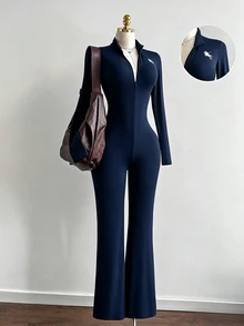 SHEIN Unity Women's Black Autumn/Winter Stand Collar Logo Jumpsuit, Elastic Slim Fit Flattering Front Zipper, European And American Elegant Sexy Streetwear - Navy Blue - View 1