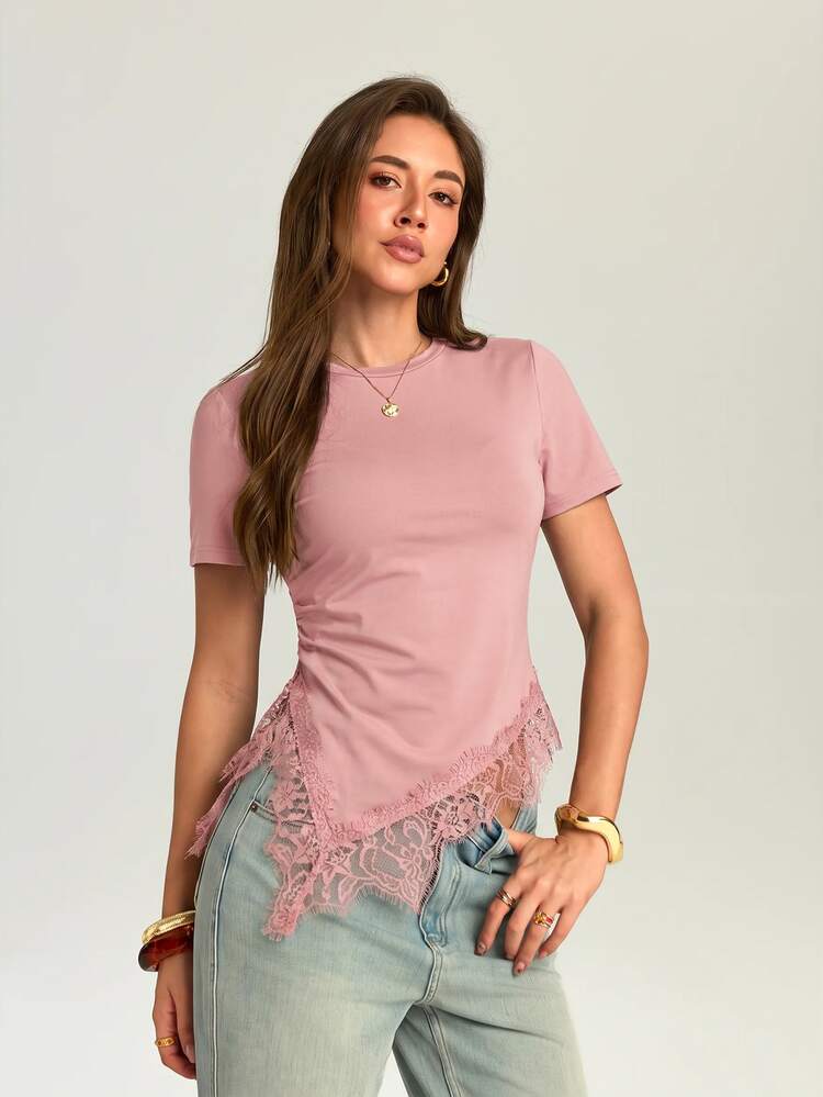 Firerie Women's Minimalist Elegant Casual Vacation Commute Slim Fit T-Shirt Top, Black Short Sleeve Waist-Cinching Asymmetrical Hem Lace Trim, Suitable For Vacation, Beach, Holiday Outfits - Dusty Pink - View 4