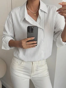 Livesso 春秋款女式寬鬆商務休閒風 2 合 1 配色拼接細條紋設計不對稱門襟時尚街頭通勤優雅襯衫 - 白色 - 查看 4