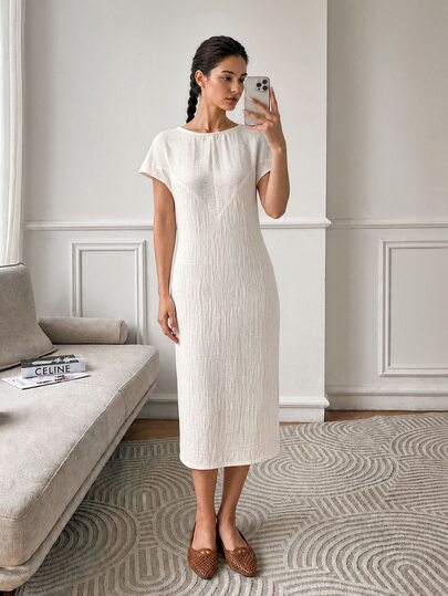 EastFlair Rochie midi casual pentru femei, culoare uni, cu guler rotund și mânecă scurtă