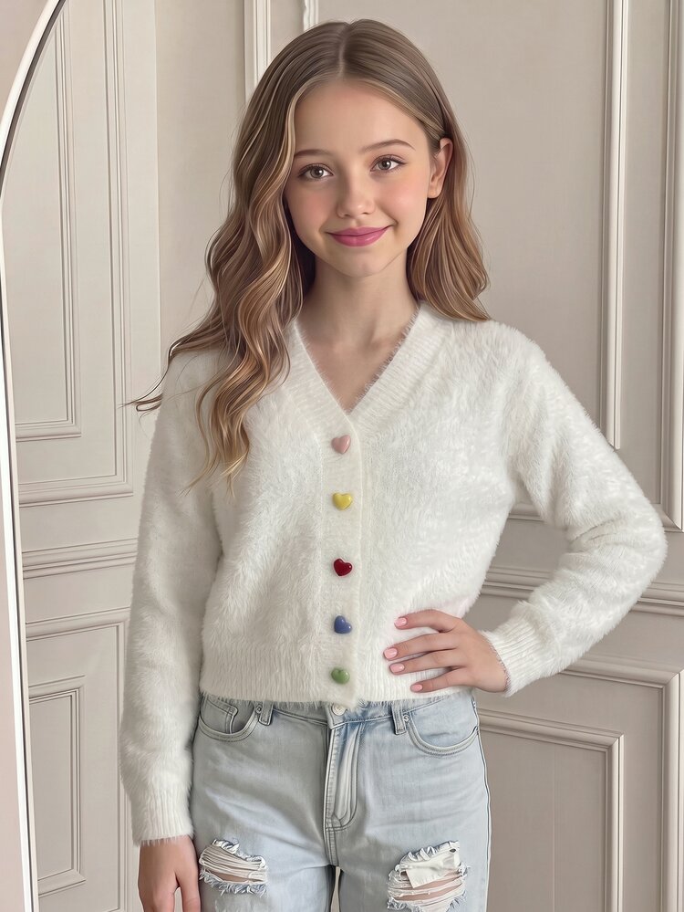 SHEIN Tween Girls White Fashion Casual Cute Comfortable Soft Minimalist Heart Colorful Button Versatile Elegant Long Sleeve Short Knit Cardigan Suitable For Daily Wear, School, Play, Outdoor, Party, Autumn/Winter - White - View 3