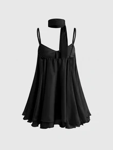 ROMWE Avant Sexy Romantic Chiffon Flowy Ribbon Ruffle Hem Cami Short Dress For Women - Black - View 2