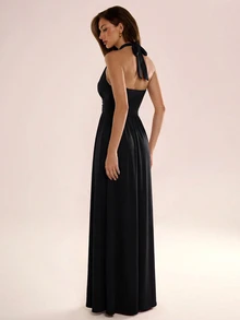 Avenya Halter Neck Tie Deep V-Neck Metal Buckle Dress - Black - View 5