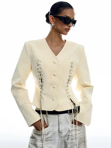 LYSMO Women's Solid Color V-Neck Tie Design Casual Daily Long Sleeve Jacket - Light Yellow - View 5