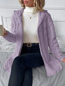 SHEIN Clasi 大尺碼冬季舒適麻花編織長袖連帽夾克 - 淡紫色 - 查看 7