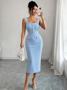 Selianne Women's Fashion Vacation Button Denim Dress - Blue - View 2