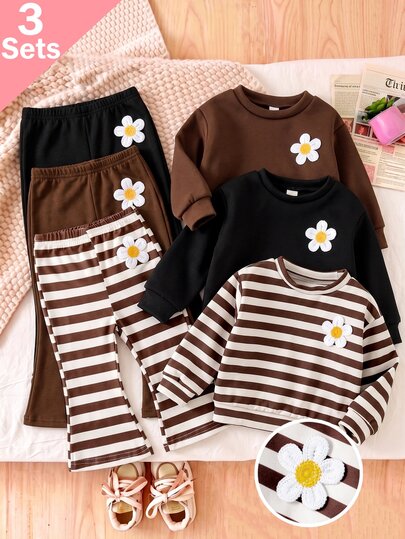 3sets Baby Girl Cute Casual Knitted Striped Floral Pattern Crew Neck Sweatshirt + Flared Pants, Suitable For Daily Wear, Back To School, Comfortable And Relaxed