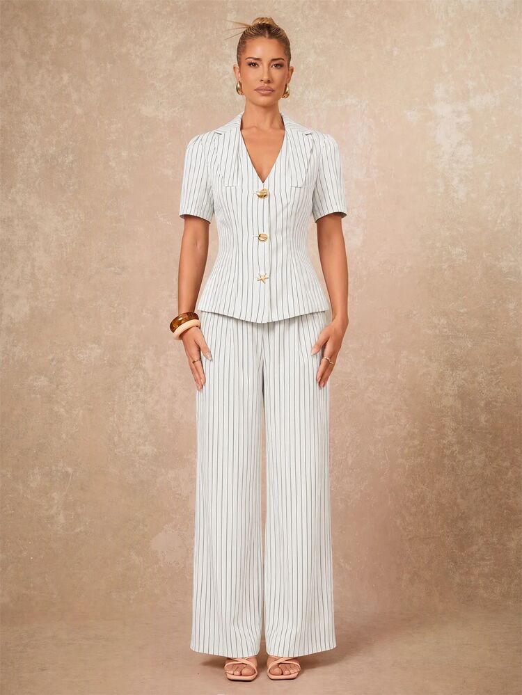 Lumalex Women's Striped Metal Button Blazer And Loose Pants Suit Set - White - View 13