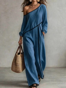 SHEIN Holidaya Jumpsuit Wanita Musim Semi/Panas/Musim Gugur Motif Aprikot, Bahu Asimetris, Garis Kontras Hitam, Lengan Panjang, Potongan Pinggang Rapi, Kaki Lebar - Biru - View 2
