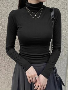 DAZY 女款純色高領長袖修身休閒百搭T恤 - 黑色 - 查看 6