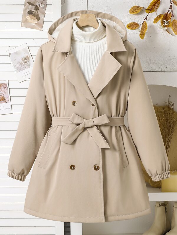 SHEIN Girls' Casual Fashion Woven Twill Fabric Hooded Long Coat With Contrast Color Polar Fleece Lining, Belted Loose Fit, Comfortable For Autumn/Winter Daily Commute, Outdoor Play, Outings, Gatherings, And Photo Shoots