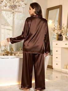 MuseNap CURVE Striped Jacquard Faux Silk Lapel Cardigan Plus Size Pajama Set - Brown - View 2