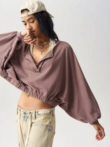 Bohemela Women's Solid Color Notched V-Neck Batwing Long Sleeve Loose Casual Sweatshirt - Khaki - View 8