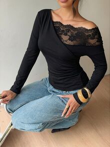 Siren Gaze 秋季新款女款露肩蕾絲拼接長袖T恤，黑色性感，適合夜晚外出與社交場合 - 黑色 - 查看 6