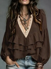 LUMIGAL Spring/Autumn Women's Lace V-Neck Ruffle Lantern Sleeve Casual Boho Blouse Dating Everyday Commuting Party Brown - Brown - View 3