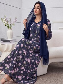 Yasmyna V領雪紡蕾絲拼接粉色花卉印花洋裝附頭巾 - 藏蓝色 - 查看 4
