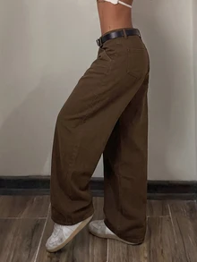 StreetHx 美式街頭風棕色系水洗解構拼接工裝牛仔褲，高腰垂墜寬鬆大寬腿休閒街頭牛仔長褲 - 棕色 - 查看 7